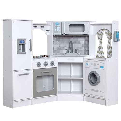 KidKraft Ultimate Corner Wooden Play Kitchen with Lights & Sounds, Play Phone and Curtains, White - Image 1