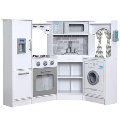 KidKraft Ultimate Corner Wooden Play Kitchen with Lights & Sounds, Play Phone and Curtains, White - Image 1