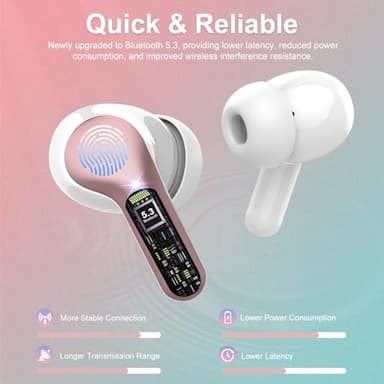 Wireless Earbuds, Bluetooth 5.4 Headphones HiFi Stereo, Bluetooth Earbuds with ENC Noise Cancelling Mic, IP7 Waterproof in Ear Earphones, 48H, LED Display Ear buds for Pad Workout Sports, Rose Gold - Image 2
