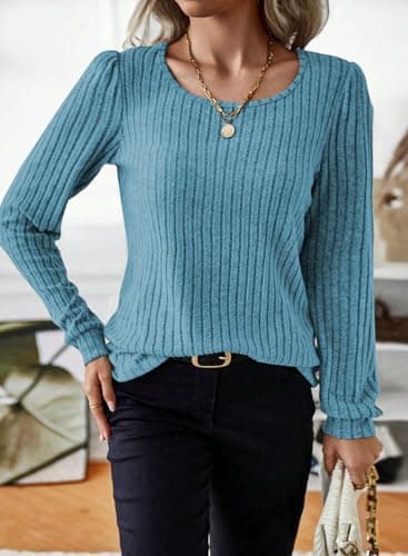 Samefar Womens Tops Dressy Casual Round Neck Long Sleeve Shirts for Women Ribbed Fall Blouses Work Knitted Tunic Clothes Blue Medium - Image 4