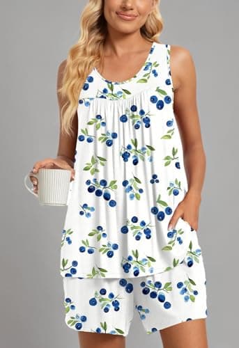 TAOHUADAO Womens Summer 2 Piece Pajama Sets, Sleeveless Tunic Tops with Shorts, Lounge Sleepwear Ladies Pjs Sets with Pockets XL, Blueberry-White - Image 7