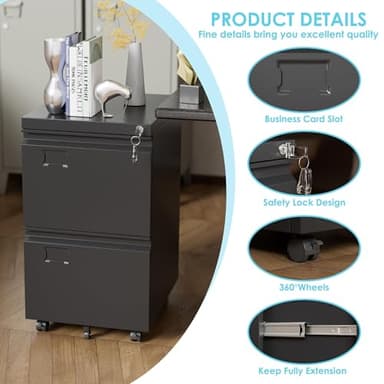 Aobabo 2 Drawer File Cabinet with Wheels, Lockable Metal Filing Cabinet with Business Card Slot for Legal/Letter Size Home Office, Required Assembled,Black - Image 4