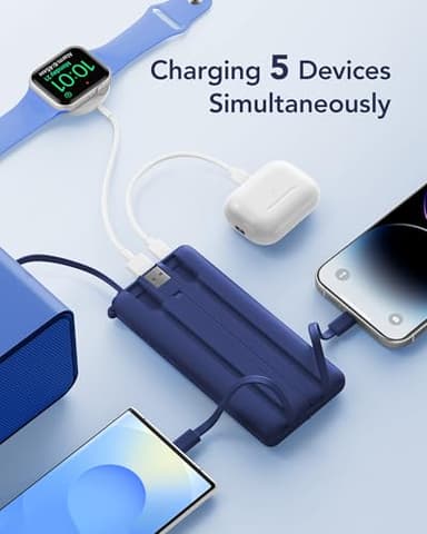 VRURC Portable Charger Power Bank, 10000mAh Travel Essentials, 5 Outputs 2 Inputs Slim Battery Pack Built-in Cables Cords Compatible with iPhone,Samsung,Android-Navy Blue(1 Pack) - Image 4