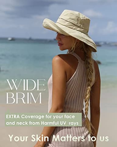 Sun Hats for Women Gardening Hat Wide Brim Ponytail Beach Sun Protection Breathable Cotton Summer Hat with Fold-Up Brim Beige - Image 6