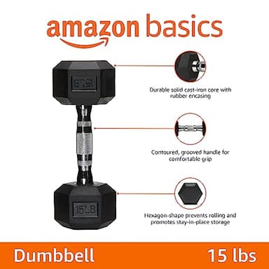 Amazon Basics Rubber Hex Dumbbell Hand Weight, 15 Pounds, Single - Image 2