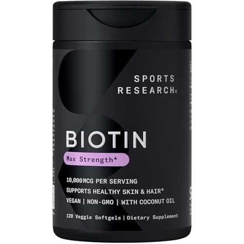 Sports Research® Biotin 10,000mcg with Organic Coconut Oil - Biotin (Vitamin B7) for Healthy Skin and Hair Support* - for Women and Men - Vegan, Non-GMO, Gluten & Soy-Free - 120 Veggie Softgels - Image 1