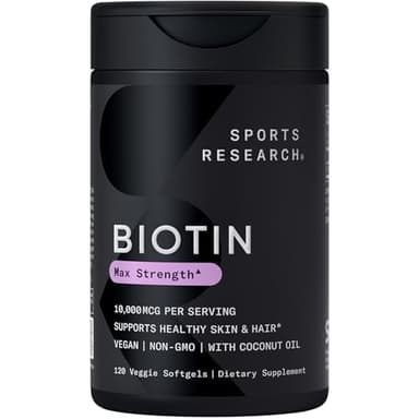 Sports Research® Biotin 10,000mcg with Organic Coconut Oil - Biotin (Vitamin B7) for Healthy Skin and Hair Support* - for Women and Men - Vegan, Non-GMO, Gluten & Soy-Free - 120 Veggie Softgels - Image 1