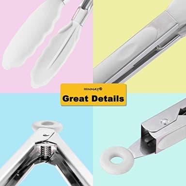 HINMAY Silicone Kitchen Tongs 9-Inch Stainless Steel Basics Tongs with Non-Stick Silicone Tips, Set of 3 (White) - Image 4