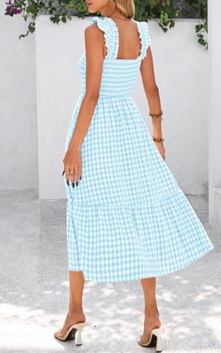 PRETTYGARDEN Women's Summer Dress Casual Square Neck Ruffle Strap Gingham Smocked Midi Flowy A Line Beach Vacation Sun Dresses 2025 (Light Blue, S) - Image 4