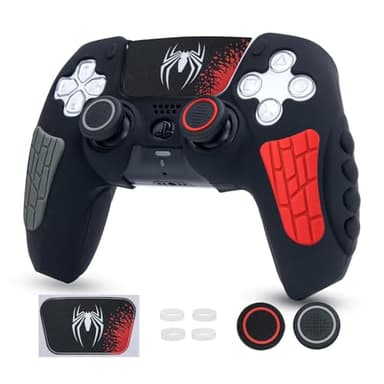 ECHZOVE PS5 Controller Cover Case - Anti-Slip Silicone Skin for PS5 DualSense Controller with Thumb Grip Caps, Joystick Protectors, Spider-Man Theme Sticker - Black - Image 1