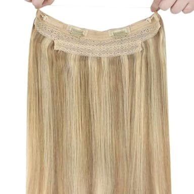 Sunny Wire Hair Extensions Real Human Hair Fish Line Human Hair Extensions Invisible Wire Extensions Lightest Brown with Platinum Blonde Highlights #P10/60 14 Inch - Image 8