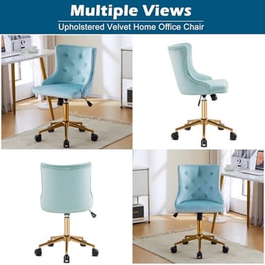 VINGLI Light Blue Armless Home Office Desk Chair with Gold Base/Wheels, Small Cute Vanity/Makeup Chair with Back for Bedroom, Upholstered Adjustable Rolling Swivel Nail Chair for Women/Girls - Image 3