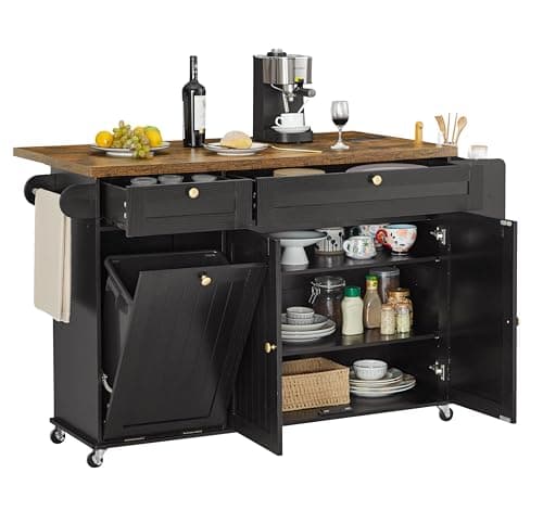 60" Kitchen Island with Power Outlet & Drop Leaf, Kitchen Rolling Island with Spice Rack & Towel Rack, Knife Holder, Kitchen Island Cart with Trash Storage Cabinet, Mobile Island Table for Kitchen - Image 1