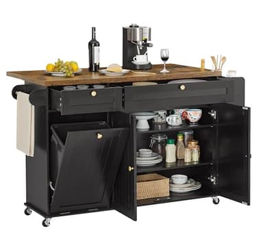 60" Kitchen Island with Power Outlet & Drop Leaf, Kitchen Rolling Island with Spice Rack & Towel Rack, Knife Holder, Kitchen Island Cart with Trash Storage Cabinet, Mobile Island Table for Kitchen - Image 1