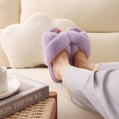 Evshine Women's Fuzzy Slippers Cross Band Memory Foam House Slippers Open Toe - Image 8