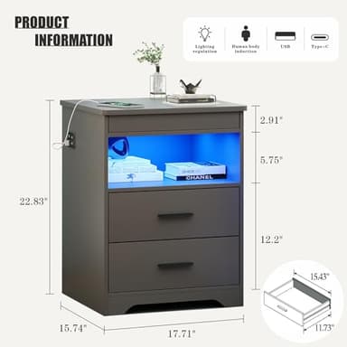 Night Stand Set of 2, Charging Bedside Table with USB & Type-C Port, LED Night Stand with Human Sensor Light, Modern End Table with Gun Drawers for Bedroom Office, Grey - Image 3