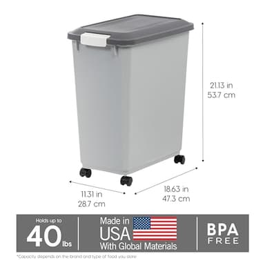 IRIS USA Dog Food Storage Container with Wheels, Airtight Lid, 2-Cup Scoop, Up to 40 Pounds Pet Food Storage, Built in Scoop Storage in Lid, Versatile Pet Food Bin, Portable, BPA Free, Gray/Dark Gray - Image 3