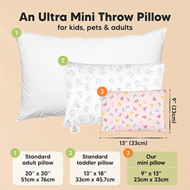 Mini Toddler Pillow with Pillowcase - 9x13 My Little Dreamy Travel Kids Pillow for Sleeping, Toddler Bed, Small, Tiny, Organic Cotton Pillowcase, Soft & Breathable, Kids 2-4 Years Old (Flutter) - Image 2