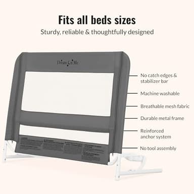 Dream On Me Lightweight Mesh Security Adjustable Bed Rail for Toddler, Breathable Mesh Fabric, Suitable for All Types of Beds, Reinforced Anchor System Bed Guard Rail, Grey - Image 6