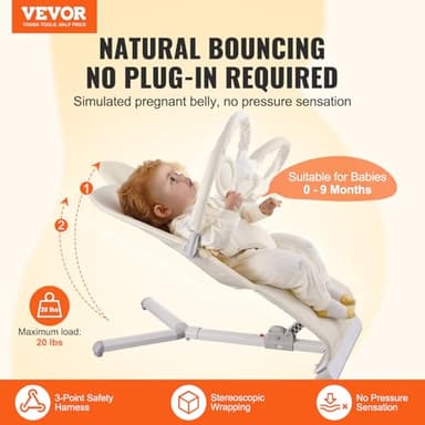 VEVOR Baby Bouncer, Folding Bouncer Seat for Babies 0-9 Months, Baby Bouncer with 2 Reclining Angles & Rotatable Toy Bar, Portable Baby Bouncers Seat with Carrying Bag for Indoors Outdoors, Beige - Image 2