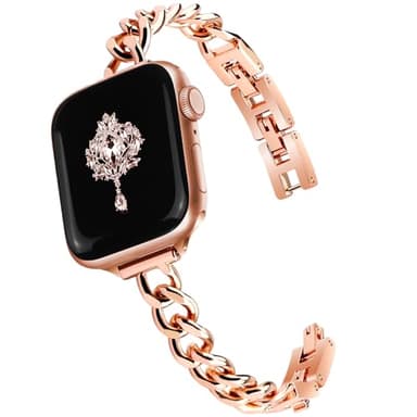 Newlibery Slim Rose Gold Band Women Feminine Elegant Compatible with Apple Watch 42(S3/2/1)/44/45/46/49mm Adjustable Metal Strap Dressy Chain Bracelet for iWatch Series 11/10/9/8/7/6/5/4/SE/Ultra3/2/1 - Image 1