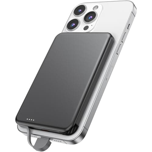 NZKEEYZI for MagSafe Portable Charger, 0.3" Ultra Slim 5000mAh Magnetic Power Bank, 25W PD Fast Charging Battery Pack with Built-in Cable, Travel Battery Bank for for iPhone 16/15/14/13/12, Black - Image 1