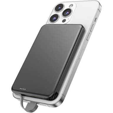 NZKEEYZI for MagSafe Portable Charger, 0.3" Ultra Slim 5000mAh Magnetic Power Bank, 25W PD Fast Charging Battery Pack with Built-in Cable, Travel Battery Bank for for iPhone 16/15/14/13/12, Black - Image 1