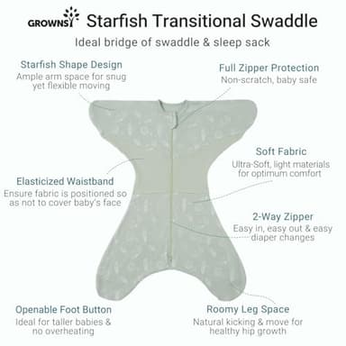 GROWNSY Transitional Swaddle Sleep Sack 6-12 Months, Starfish Design Baby Swaddle Sack, Dual-Zipper for Easy Diaper Changes, Proper Hip Development & Openable Foot Button, 19-27 lbs, Green - Image 2