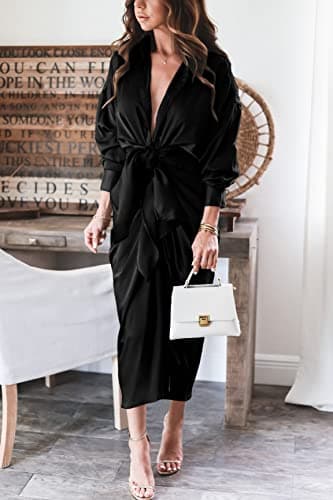 BTFBM Maxi Dresses for Women Fall 2025 Long Sleeve Lapel Neck Button Down Elegant Satin Belted Ruched Summer Shirt Dress(Black, X-Large) - Image 4