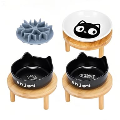 3PCS Elevated Cat Bowls,Wide Raised Ceramic Pet Dishes with Bamboo Stand, Whisker Friendly Pet Water or Food Plates Feeding Station for Indoor Small Dogs, Kitten (Black(3PCS)) - Image 1