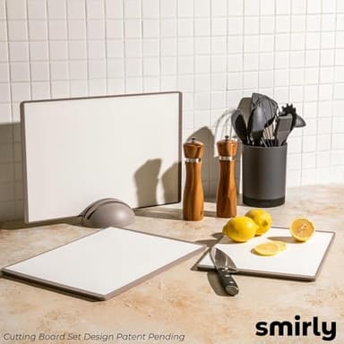 SMIRLY Plastic Cutting Board Set with Holder 3 Pieces, Non-Slip Dishwasher Safe Chopping Boards for Kitchen, Grey & White - Image 9