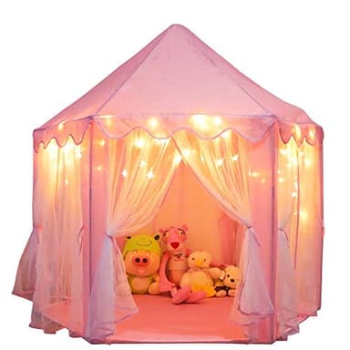 ORIAN Princess Castle Playhouse Tent for Girls with LED Star Lights – Indoor & Outdoor Large Kids Play Tent for Imaginative Games – ASTM Certified, 230 Polyester Taffeta. Pink 55"x53". - Image 1