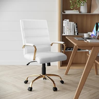 Flash Furniture Whitney Mid-Back Swivel LeatherSoft Desk Chair with Padded Seat and Armrests, Adjustable Height Padded Office Chair, White/Gold - Image 2