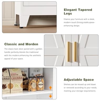 COFaR White Farmhouse Storage Kitchen Pantry Cabinet with 2 Barn Door, 3 Adjustable Shelves and Legs, for Cupboard/Dining Room/Bathroom/Living Room/Office/Laundry Room (White, 61" Farmhouse) - Image 4