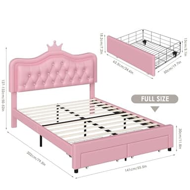 Keyluv Full Upholstered LED Bed Frame with Storage Drawer, Leather Princess Platform Bed with Adjustable Crystal Button Tufted Crown Headboard, Solid Wooden Slats Support, No Box Spring Needed, Pink - Image 2
