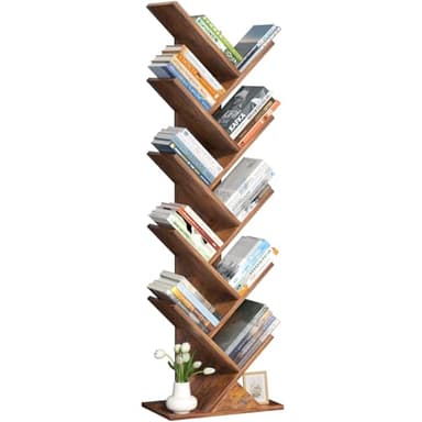 SHEEPAM 10 Tier Tree Book Shelf, Floor Standing Wood Bookshelf for Narrow Space, Storage Organizer Bookshelves for Books/CDs/Magazine, Bookcase with Shelves for Home Office, Living Room - Brown - Image 9