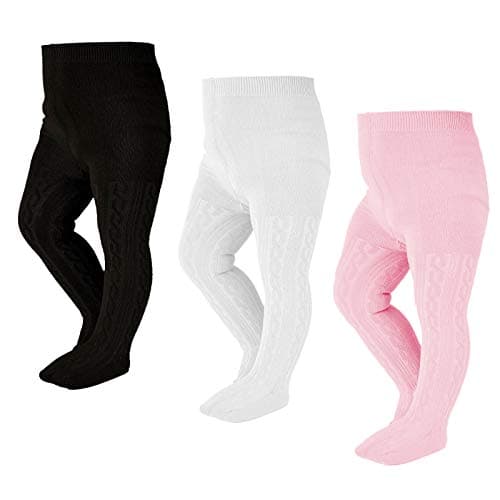 EPEIUS Baby Tights Toddler & Little Girls Cable Knit Tights Solid Cotton Stockings Seamless Footed Leggings Pantyhose Baby Clothes Dress Tights 6-8 Years,3 Pack,Black/White/Pink - Image 1