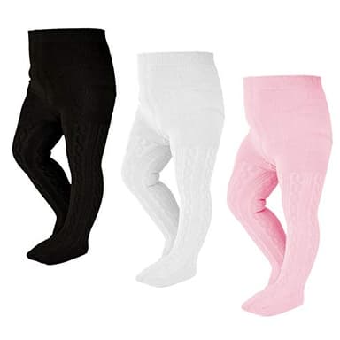 EPEIUS Baby Tights Toddler & Little Girls Cable Knit Tights Solid Cotton Stockings Seamless Footed Leggings Pantyhose Baby Clothes Dress Tights 6-8 Years,3 Pack,Black/White/Pink - Image 1