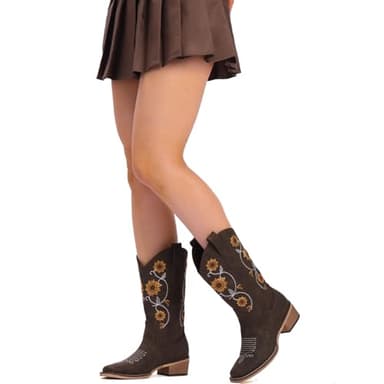 Bybmorto Brown Cowboy Boots for Women - Mid Calf Western Sunflower Cowgirl Boots with Floral Embroidery, Square Toe Stitched Pull On Retro Design, Perfect for Country Idyll, Concerts and More Size 8 - Image 5