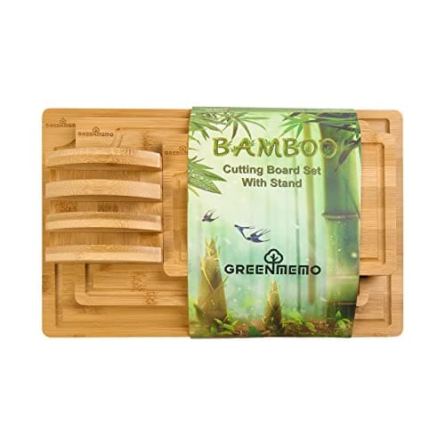 Bamboo Cutting Boards for Kitchen, Wood Cutting Board with Holder, Bamboo Cutting Board Set Reversible with Juice Grooves for Meat Cheese Fruit and Vegetables (Four Piece Set) - Image 1