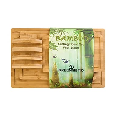 Bamboo Cutting Boards for Kitchen, Wood Cutting Board with Holder, Bamboo Cutting Board Set Reversible with Juice Grooves for Meat Cheese Fruit and Vegetables (Four Piece Set) - Image 1