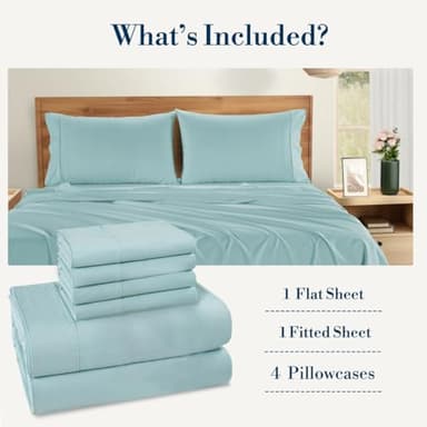 Casa Platino 100% Cotton Sheets Queen Size Set - 6 Pieces (1 Flat, 1 Fitted, 4 Pillowcases) - Soft & Breathable Percale Weave - Cooling Bed Sheets with Deep Pocket - Durable Queen Sheet Set - Blue Sky - Image 4