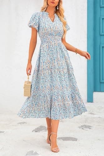 MASCOMODA Summer Maxi Dresses for Women 2025 Casual V Neck Puff Short Sleeve Smocked Flowy Beach Boho Long Floral Dress(Floral Blue White,Medium) - Image 5