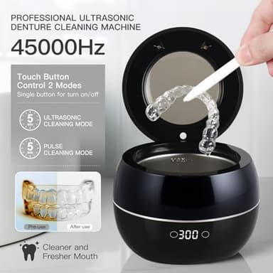 Dental Ultrasonic Retainer Cleaner Machine: 45kHz Dental Cleaning Pod for Denture, Aligner, Mouth Guard, Night Guard, Braces & Jewelry, UV Denture Cleaner with Digital Timer & Dual Mode 250ML Black - Image 4