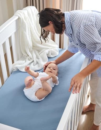 Momcozy Muslin Fitted Mini Crib Sheets, 38''x26'', 2 Pack Soft Breathable Natural Cotton Baby Mattress Sheet, 360° Mattress Wrapping No Slip Boys Girls Neutral Toddler Bed Sheet, Blue Star Moon - Image 7
