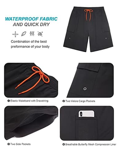 SILKWORLD Men's Swim Trunks with Compression Liner Quick Dry Bathing Suits 9 Inch Swimming Shorts with Cargo Pockets (Black, Large) - Image 5