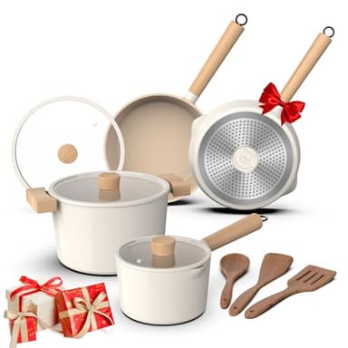 imarku Pots and Pans Set Non Stick, 10 Pcs Granite Cookware Set, Removable Handle Pots and Pans, PFOA Free, Oven Safe Pan, Cream, Birthday Gifts for Women Men - Image 9