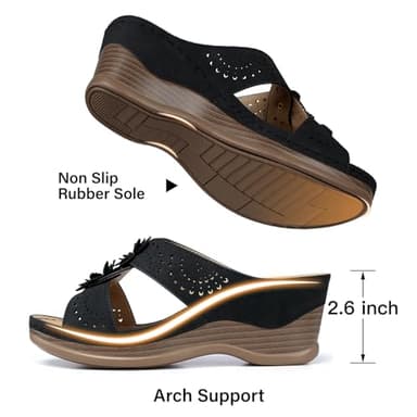 TEMOFON Womens Wedge Sandals Leather: Casual Dressy Women Black Summer Platform Wedge Sandals Slip on Low Heels Comfortable Walking Size 10.5 - Image 5