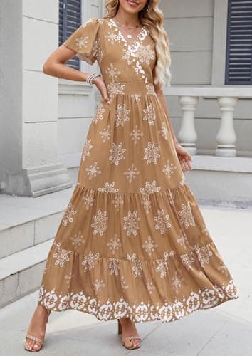 PRETTYGARDEN Womens 2025 Summer Casual V Neck Boho Maxi Dress Flowy Aline Bell Sleeve Tiered Floral Dresses with Pocket (Floral Khaki White,Medium) - Image 6