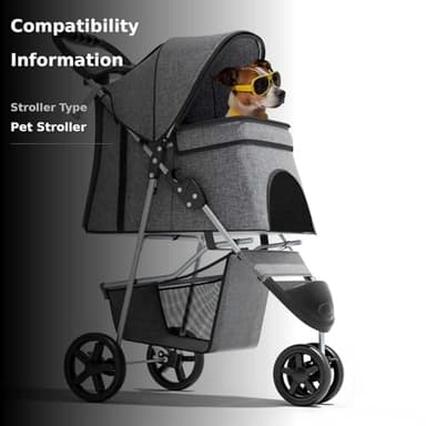 Magshion 3-Wheel Pet Stroller, Foldable Travel Jogger for Small & Medium Dogs & Cats (Up to 33lbs), Lightweight Carrier with Breathable Mesh Cover, Cup Holder & Storage Basket, Gray - Image 3